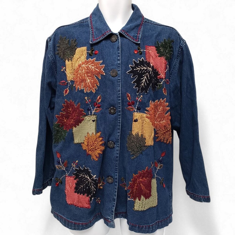 Sara Studio Woman Womens Denim Jacket Button Fall Leaves Size 1X